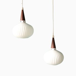 Dutch Suspension in Opaline and Teak by Louis Kalff for Philips, 1970