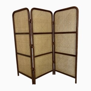 Mid-Century Rattan, Bamboo and Leather 3 Panel Room Divider, 1970s