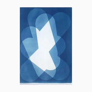 Kind of Cyan, Nuage Géométrique en Blanc et Bleu, 2022, Monotype sur Papier Aquarelle