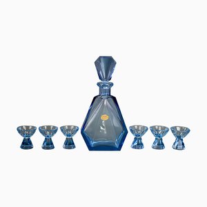 Art Deco Bohemian Blue Color Glass Decanter and Glasses, 1930s, Set of 7