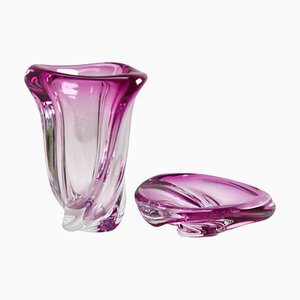 Sculpted Crystal Cranberry Set with Sommerso Core from Val Saint Lambert, Belgium, 1950, Set of 2