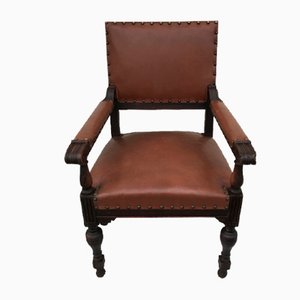 Oak Throne Chair Covered with Leather, 1900s