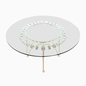 Vintage White Varnished Metal Coffee Table with Round Glass Top, Italy, 1950s