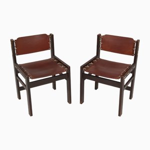 Set of Vintage Brutalist Hide Leather and Wood with Rope Dining Chairs