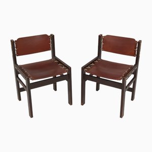 Vintage Brutalist Hide Leather and Wood with Rope Dining Chairs, Set of 2