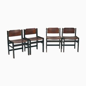 Vintage Brutalist Hide Leather and Wood with Rope Dining Chairs, Set of 8