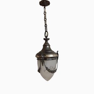 Antique Ceiling Lamp in Metal Frame & Glass, 1910s