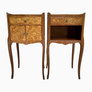 Early 20th Century French Bedside Tables or Nightstands in Marquetry and Iron Hardware, 1920s, Set of 2