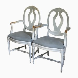 Antique Gustavian White & Upholstered Armchairs, 1890, Set of 2