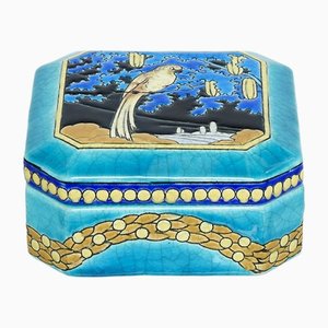 Large Art Deco Turquoise Parrot Square Box from Emaux De Longwy 1925