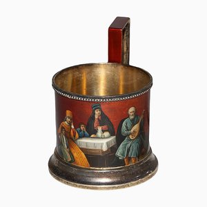 Soporte para té imperial ruso de vidrio vermeil y laca pictórica de Morozov, Makovsky