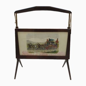 Magazine Rack in Wood and Brass with Paintings, 1970s