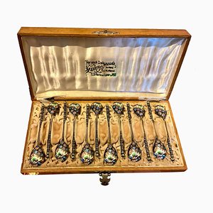 Antique Russian Imperial Enamel Spoons, Set of 12