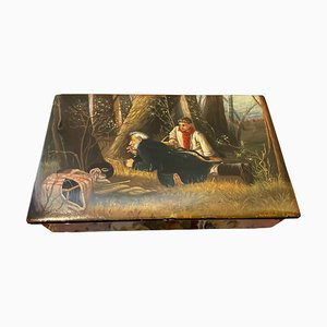 Russian Lacquered Box Depicting Birds in a Forest After Vasily Perov Painting