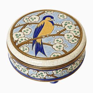 Large Art Deco Round Bird Box from Emaux De Longwy, 1940s