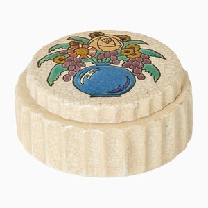 Large Art Deco Round Flowers Cream Box from Emaux De Longwy, 1930s