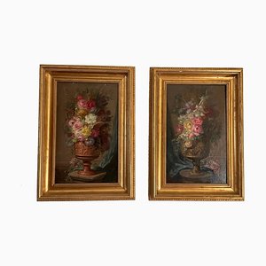 Miguel Parra, Flowers, 1800s, Large Oil on Canvas Paintings, Framed, Set of 2