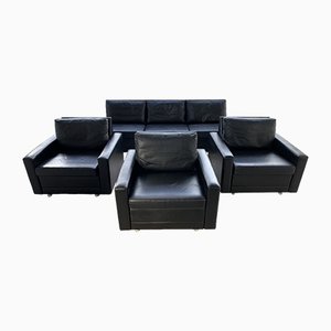 Canapé et Fauteuils en Cuir Nappa Noir par Hans Kaufeld pour Kaufeld-Möbel, Set de 4