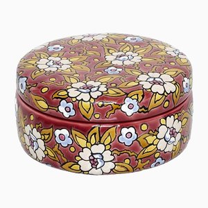 Small Art Deco Red Flowers Box from Emaux De Longwy, 1940s