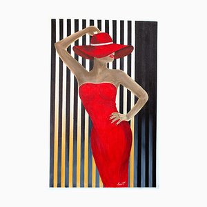 Ernest Carneado Ferreri, Mujer Con Vestido Rojo, 2000er, Acrylmalerei