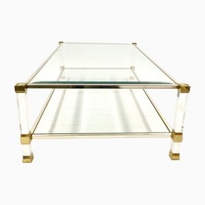 Rectangular Two Tiered Coffee Table in Acrylic Glass and Brass by Pierre Vandel, 1970s