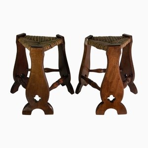 Set of Brutalist Neo Gothic Rush Oak Tripod Stools, France, 1960s