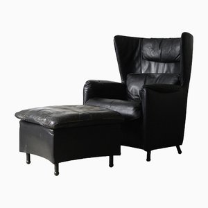 Black Leather Model DS-23 Lounge Chair & Footstool by Franz Josef Schulte for de Sede, Set of 2