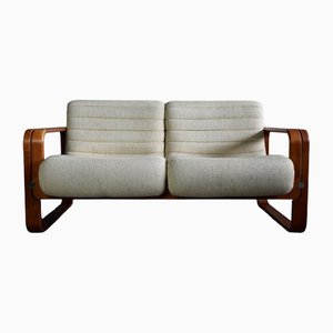 Mid-Century Modern Ecru and Wooden Frame 2-Seater Sofa attributed to Giroflex, 1970s