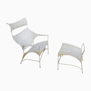 Japanese Rattan Armchair with Footstool, Set of 2
