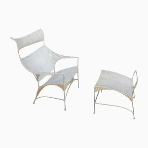 Japanischer Rattan Sessel mit Fußhocker, 2er Set