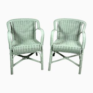 Vintage Green Rattan Armchairs, 1970s, Set of 2