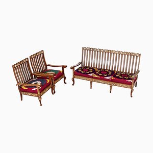 Vintage Indian Anglo Three-Piece Sofa Set with Silk Suzani Cover, 1960s, Set of 3