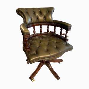 Antiker viktorianischer Captain's Chair aus grünem Leder