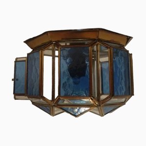 Lampada da soffitto vintage ottagonale in ottone e cristallo blu, Spagna