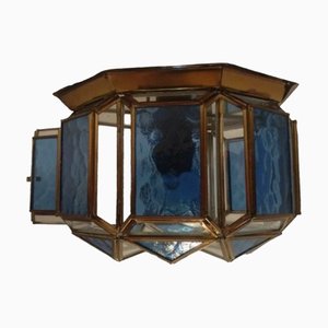 Spanische achteckige Vintage Deckenlampe aus Messing & blauem Kristallglas