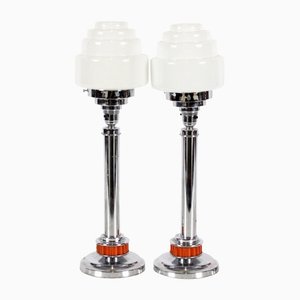 Art Deco Chrome-Plated Table Lamps with Milk Glass Graduated Shades, 1930s, Set of 2