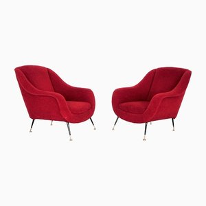 Mid-Century Italian Red Teddy Fabric Armchair, 1950s, Set of 2