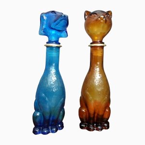 Italian Glass Cat and Dog Bottles from Empoli, 1960s or 1970s, Set of 2
