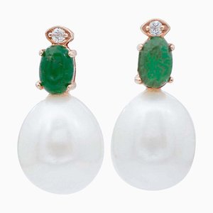 Large Pearl, Emerald, Diamond & 14 Karat Rose Gold Dangle Earrings, Set of 2
