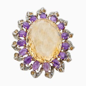 Topaz, Amethyst, Diamond, Rose Gold and Silver Ring