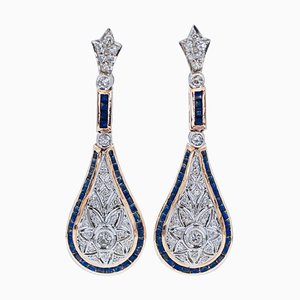 Sapphire, Diamond & 14 Karat Rose and White Gold Earrings, 1980s, Set of 2