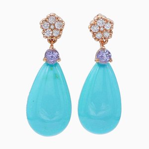Turquoise, Tanzanite, Diamond & 14 Karat Rose Gold Earrings, Set of 2