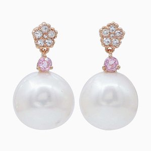 Aretes de perlas, zafiros, diamantes y oro rosa de 14 kt. Juego de 2