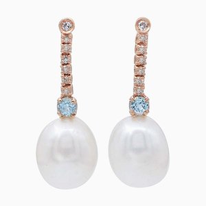 Pearl, Diamond, Aquamarine & 14 Karat Rose Gold Earrings, Set of 2
