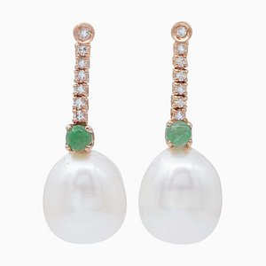 Pearl, Emerald, Diamond & 14 Karat Rose Gold Earrings, Set of 2