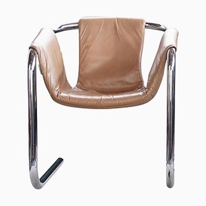Postmodern Chrome & Beige Leather Sling Lounge Chair, 1970s