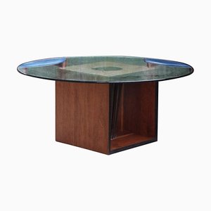 Danish Modern Teak & Walnut Cube Base Coffee Table with Glass Top in the style of Peter Hvidt, 1980s