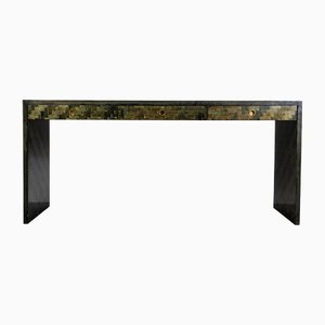 Italian Green Bamboo Marquetry and Brass Console Table attributed to Dal Vera. 1970s