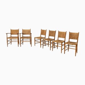 Mid-Century Modern Oak and Straw Chairs, Set of 6