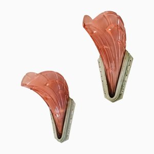 Art Deco Pink Glass Wall Lamps, France, 1930s, Set of 2